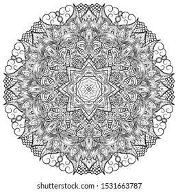 Mandala, tracery wheel mehndi design. Ethnic ornament, doodle symmetry texture. Folk traditional spiritual tribal design. Curved shape, isolated on white. Binary monochrome black and white art. Vector