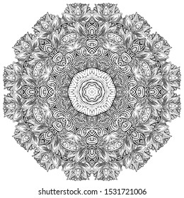 Mandala, tracery wheel mehndi design. Ethnic ornament, doodle symmetry texture. Folk traditional spiritual tribal design. Curved shape, isolated on white. Binary monochrome black and white art. Vector
