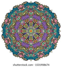 Mandala, tracery wheel mehndi design. Ethnic ornament, colorful doodle symmetry texture. Folk traditional spiritual tribal design. Curved shape, isolated on white. Color art. Vector