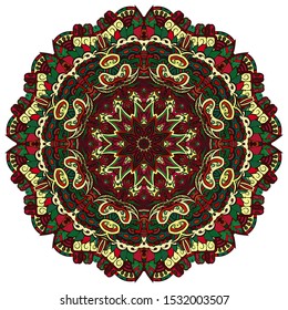 Mandala, tracery wheel mehndi design. Ethnic ornament, colorful doodle symmetry texture. Folk traditional spiritual tribal design. Curved shape, isolated on white. Color art. Vector