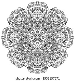 Mandala, tracery wheel mehndi design. Ethnic ornament, doodle symmetry texture. Folk traditional spiritual tribal design. Curved shape, isolated on white. Binary monochrome black and white art. Vector