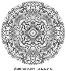 Mandala, tracery wheel mehndi design. Ethnic ornament, doodle symmetry texture. Folk traditional spiritual tribal design. Curved shape, isolated on white. Binary monochrome black and white art. Vector