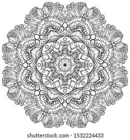 Mandala, tracery wheel mehndi design. Ethnic ornament, doodle symmetry texture. Folk traditional spiritual tribal design. Curved shape, isolated on white. Binary monochrome black and white art. Vector