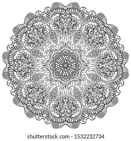 Mandala, tracery wheel mehndi design. Ethnic ornament, doodle symmetry texture. Folk traditional spiritual tribal design. Curved shape, isolated on white. Binary monochrome black and white art. Vector