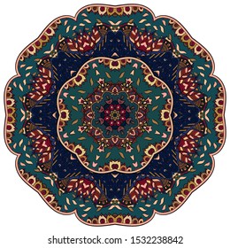 Mandala, tracery wheel mehndi design. Ethnic ornament, colorful doodle symmetry texture. Folk traditional spiritual tribal design. Curved shape, isolated on white. Color art. Vector