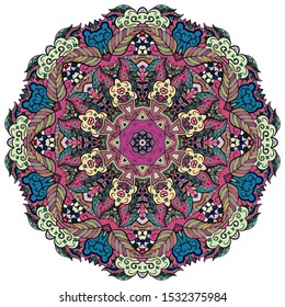 Mandala, tracery wheel mehndi design. Ethnic ornament, colorful doodle symmetry texture. Folk traditional spiritual tribal design. Curved shape, isolated on white. Color art. Vector