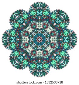 Mandala, tracery wheel mehndi design. Ethnic ornament, colorful doodle symmetry texture. Folk traditional spiritual tribal design. Curved shape, isolated on white. Color art. Vector