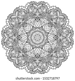 Mandala, tracery wheel mehndi design. Ethnic ornament, doodle symmetry texture. Folk traditional spiritual tribal design. Curved shape, isolated on white. Binary monochrome black and white art. Vector