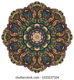 Mandala, tracery wheel mehndi design. Ethnic ornament, colorful doodle symmetry texture. Folk traditional spiritual tribal design. Curved shape, isolated on white. Color art. Vector