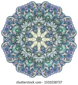 Mandala, tracery wheel mehndi design. Ethnic ornament, colorful doodle symmetry texture. Folk traditional spiritual tribal design. Curved shape, isolated on white. Color art. Vector