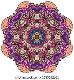 Mandala, tracery wheel mehndi design. Ethnic ornament, colorful doodle symmetry texture. Folk traditional spiritual tribal design. Curved shape, isolated on white. Color art. Vector
