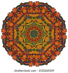 Mandala, tracery wheel mehndi design. Ethnic ornament, colorful doodle symmetry texture. Folk traditional spiritual tribal design. Curved shape, isolated on white. Color art. Vector