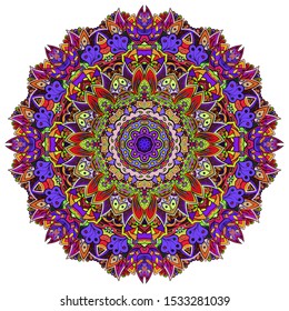 Mandala, tracery wheel mehndi design. Ethnic ornament, colorful doodle symmetry texture. Folk traditional spiritual tribal design. Curved shape, isolated on white. Color art. Vector