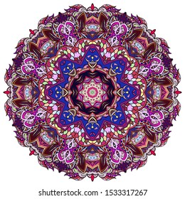 Mandala, tracery wheel mehndi design. Ethnic ornament, colorful doodle symmetry texture. Folk traditional spiritual tribal design. Curved shape, isolated on white. Color art. Vector