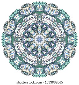 Mandala, tracery wheel mehndi design. Ethnic ornament, colorful doodle symmetry texture. Folk traditional spiritual tribal design. Curved shape, isolated on white. Color art. Vector