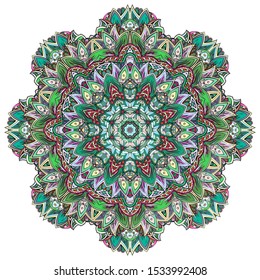 Mandala, tracery wheel mehndi design. Ethnic ornament, colorful doodle symmetry texture. Folk traditional spiritual tribal design. Curved shape, isolated on white. Color art. Vector