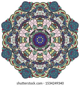 Mandala, tracery wheel mehndi design. Ethnic ornament, colorful doodle symmetry texture. Folk traditional spiritual tribal design. Curved shape, isolated on white. Color art. Vector