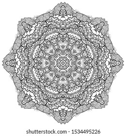 Mandala, tracery wheel mehndi design. Ethnic ornament, doodle symmetry texture. Folk traditional spiritual tribal design. Curved shape, isolated on white. Binary monochrome black and white art. Vector