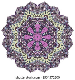 Mandala, tracery wheel mehndi design. Ethnic ornament, colorful doodle symmetry texture. Folk traditional spiritual tribal design. Curved shape, isolated on white. Color art. Vector