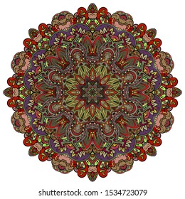 Mandala, tracery wheel mehndi design. Ethnic ornament, colorful doodle symmetry texture. Folk traditional spiritual tribal design. Curved shape, isolated on white. Color art. Vector