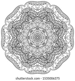 Mandala, tracery wheel mehndi design. Ethnic ornament, doodle symmetry texture. Folk traditional spiritual tribal design. Curved shape, isolated on white. Binary monochrome black and white art. Vector