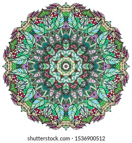 Mandala, tracery wheel mehndi design. Ethnic ornament, colorful doodle symmetry texture. Folk traditional spiritual tribal design. Curved shape, isolated on white. Color art. Vector