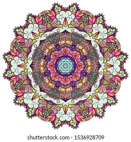 Mandala, tracery wheel mehndi design. Ethnic ornament, colorful doodle symmetry texture. Folk traditional spiritual tribal design. Curved shape, isolated on white. Color art. Vector