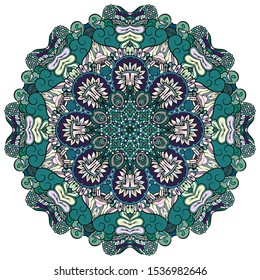 Mandala, tracery wheel mehndi design. Ethnic ornament, colorful doodle symmetry texture. Folk traditional spiritual tribal design. Curved shape, isolated on white. Color art. Vector