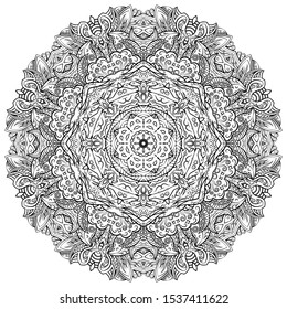 Mandala, tracery wheel mehndi design. Ethnic ornament, doodle symmetry texture. Folk traditional spiritual tribal design. Curved shape, isolated on white. Binary monochrome black and white art. Vector