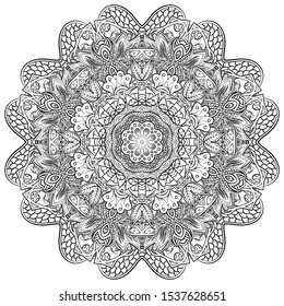 Mandala, tracery wheel mehndi design. Ethnic ornament, doodle symmetry texture. Folk traditional spiritual tribal design. Curved shape, isolated on white. Binary monochrome black and white art. Vector