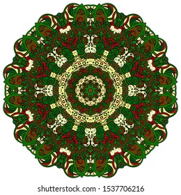 Mandala, tracery wheel mehndi design. Ethnic ornament, colorful doodle symmetry texture. Folk traditional spiritual tribal design. Curved shape, isolated on white. Color art. Vector