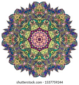 Mandala, tracery wheel mehndi design. Ethnic ornament, colorful doodle symmetry texture. Folk traditional spiritual tribal design. Curved shape, isolated on white. Color art. Vector