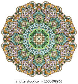 Mandala, tracery wheel mehndi design. Ethnic ornament, colorful doodle symmetry texture. Folk traditional spiritual tribal design. Curved shape, isolated on white. Color art. Vector