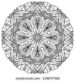 Mandala, tracery wheel mehndi design. Ethnic ornament, doodle symmetry texture. Folk traditional spiritual tribal design. Curved shape, isolated on white. Binary monochrome black and white art. Vector