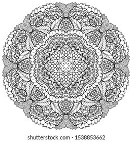 Mandala, tracery wheel mehndi design. Ethnic ornament, doodle symmetry texture. Folk traditional spiritual tribal design. Curved shape, isolated on white. Binary monochrome black and white art. Vector