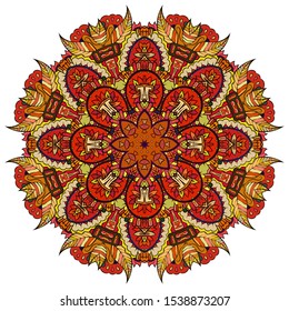Mandala, tracery wheel mehndi design. Ethnic ornament, colorful doodle symmetry texture. Folk traditional spiritual tribal design. Curved shape, isolated on white. Color art. Vector