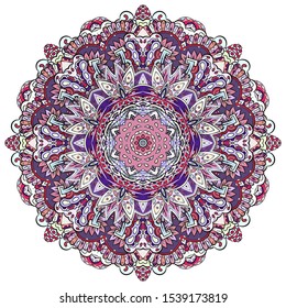 Mandala, tracery wheel mehndi design. Ethnic ornament, colorful doodle symmetry texture. Folk traditional spiritual tribal design. Curved shape, isolated on white. Color art. Vector