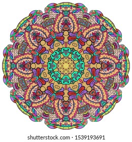 Mandala, tracery wheel mehndi design. Ethnic ornament, colorful doodle symmetry texture. Folk traditional spiritual tribal design. Curved shape, isolated on white. Color art. Vector