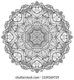 Mandala, tracery wheel mehndi design. Ethnic ornament, doodle symmetry texture. Folk traditional spiritual tribal design. Curved shape, isolated on white. Binary monochrome black and white art. Vector