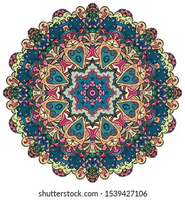 Mandala, tracery wheel mehndi design. Ethnic ornament, colorful doodle symmetry texture. Folk traditional spiritual tribal design. Curved shape, isolated on white. Color art. Vector