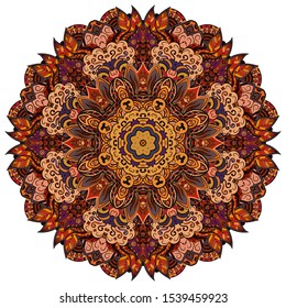 Mandala, tracery wheel mehndi design. Ethnic ornament, colorful doodle symmetry texture. Folk traditional spiritual tribal design. Curved shape, isolated on white. Color art. Vector