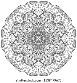 Mandala, tracery wheel mehndi design. Ethnic ornament, doodle symmetry texture. Folk traditional spiritual tribal design. Curved shape, isolated on white. Binary monochrome black and white art. Vector