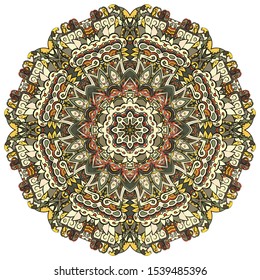 Mandala, tracery wheel mehndi design. Ethnic ornament, colorful doodle symmetry texture. Folk traditional spiritual tribal design. Curved shape, isolated on white. Color art. Vector