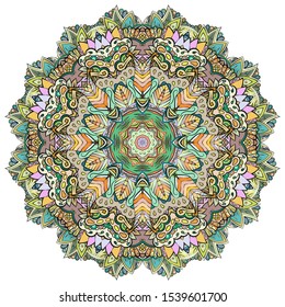 Mandala, tracery wheel mehndi design. Ethnic ornament, colorful doodle symmetry texture. Folk traditional spiritual tribal design. Curved shape, isolated on white. Color art. Vector