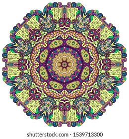 Mandala, tracery wheel mehndi design. Ethnic ornament, colorful doodle symmetry texture. Folk traditional spiritual tribal design. Curved shape, isolated on white. Color art. Vector