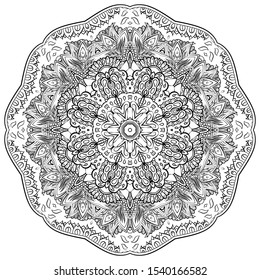 Mandala, tracery wheel mehndi design. Ethnic ornament, doodle symmetry texture. Folk traditional spiritual tribal design. Curved shape, isolated on white. Binary monochrome black and white art. Vector
