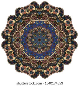 Mandala, tracery wheel mehndi design. Ethnic ornament, colorful doodle symmetry texture. Folk traditional spiritual tribal design. Curved shape, isolated on white. Color art. Vector