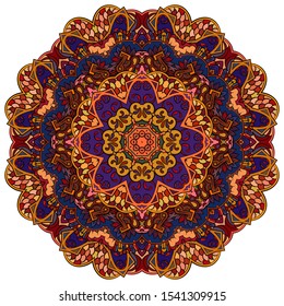 Mandala, tracery wheel mehndi design. Ethnic ornament, colorful doodle symmetry texture. Folk traditional spiritual tribal design. Curved shape, isolated on white. Color art. Vector