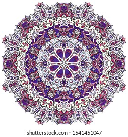 Mandala, tracery wheel mehndi design. Ethnic ornament, colorful doodle symmetry texture. Folk traditional spiritual tribal design. Curved shape, isolated on white. Color art. Vector