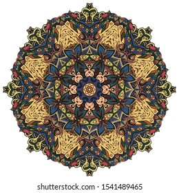 Mandala, tracery wheel mehndi design. Ethnic ornament, colorful doodle symmetry texture. Folk traditional spiritual tribal design. Curved shape, isolated on white. Color art. Vector